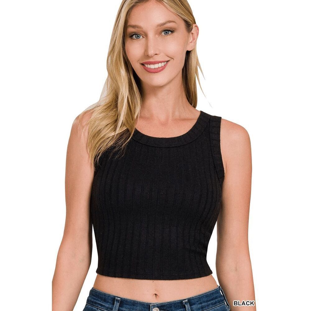Ribbed Boat Neck Cropped Sleeveless Top - Black